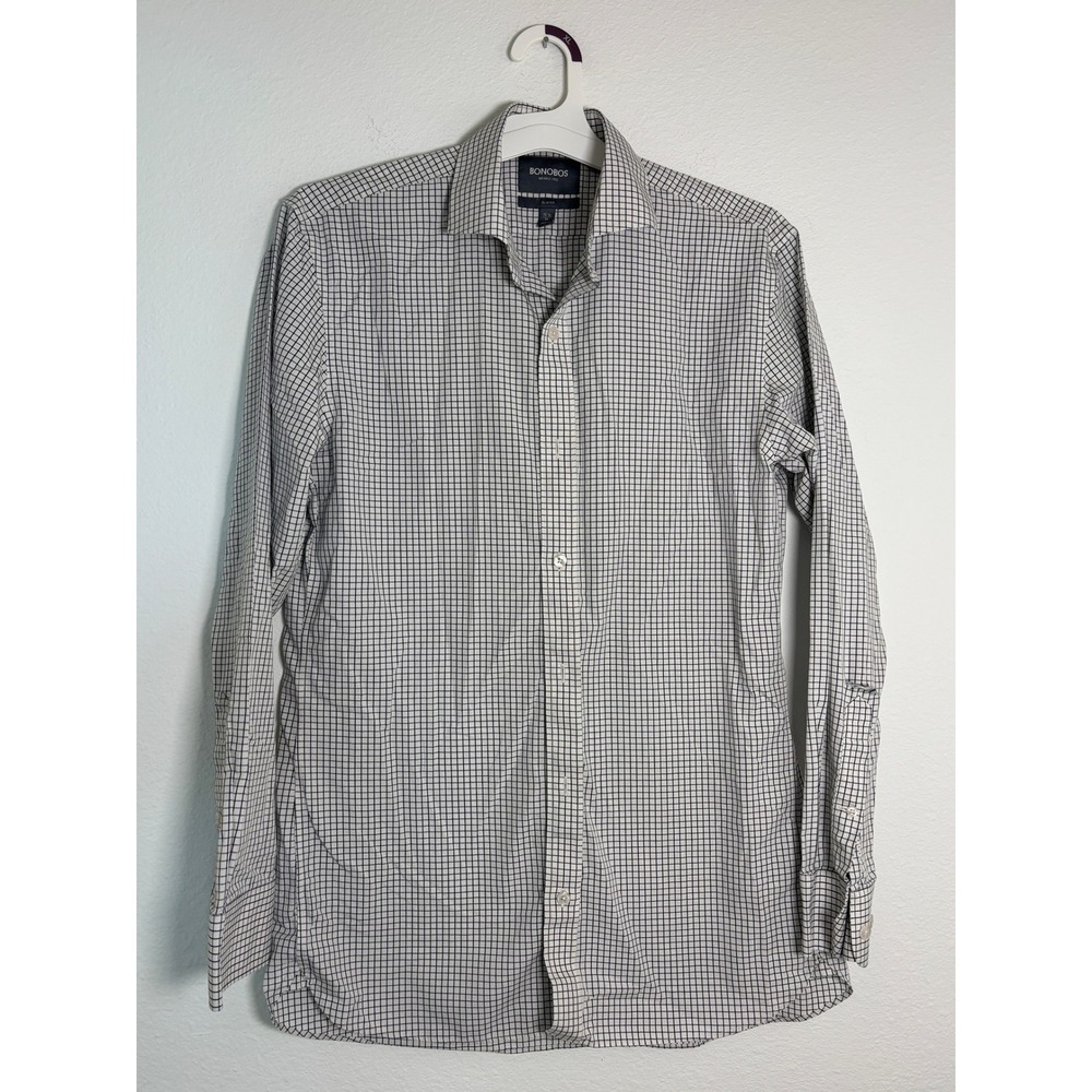 Bonobos Wrinkle Free Slim Fit Dress Shirt 15.5 34 Blue White Grid Check Mens